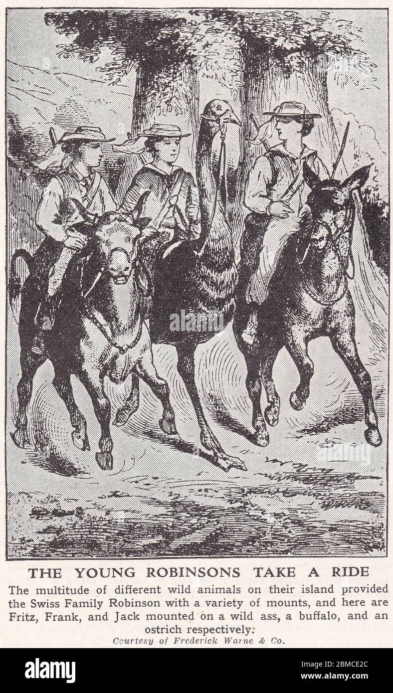 Dessin vintage des années 1930 de la famille suisse Robinson. Banque D'Images