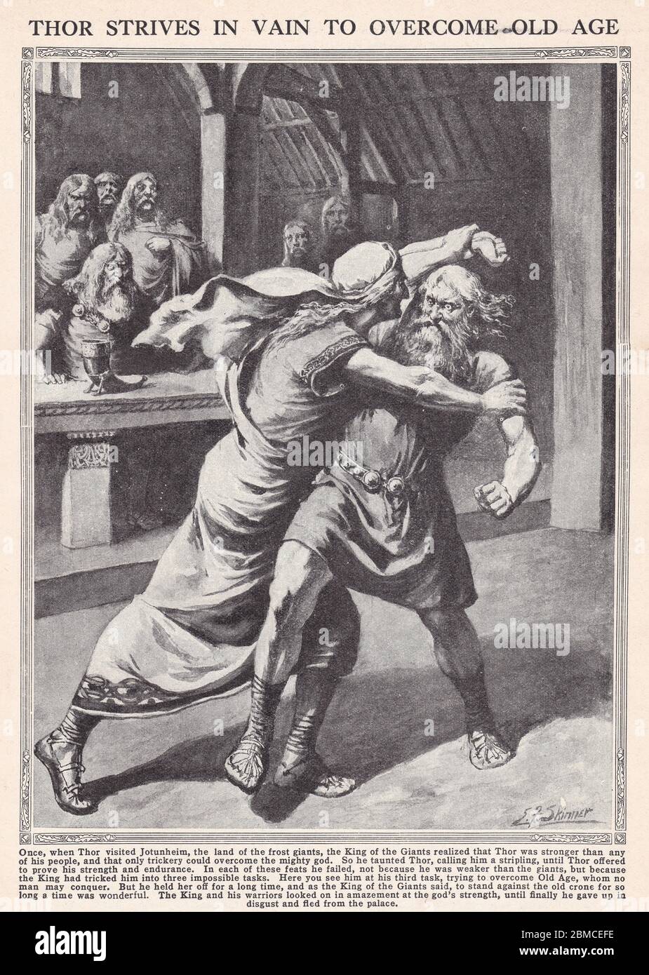 La peinture vintage de Thor s'efforce en vain de surmonter la vieillesse. Banque D'Images