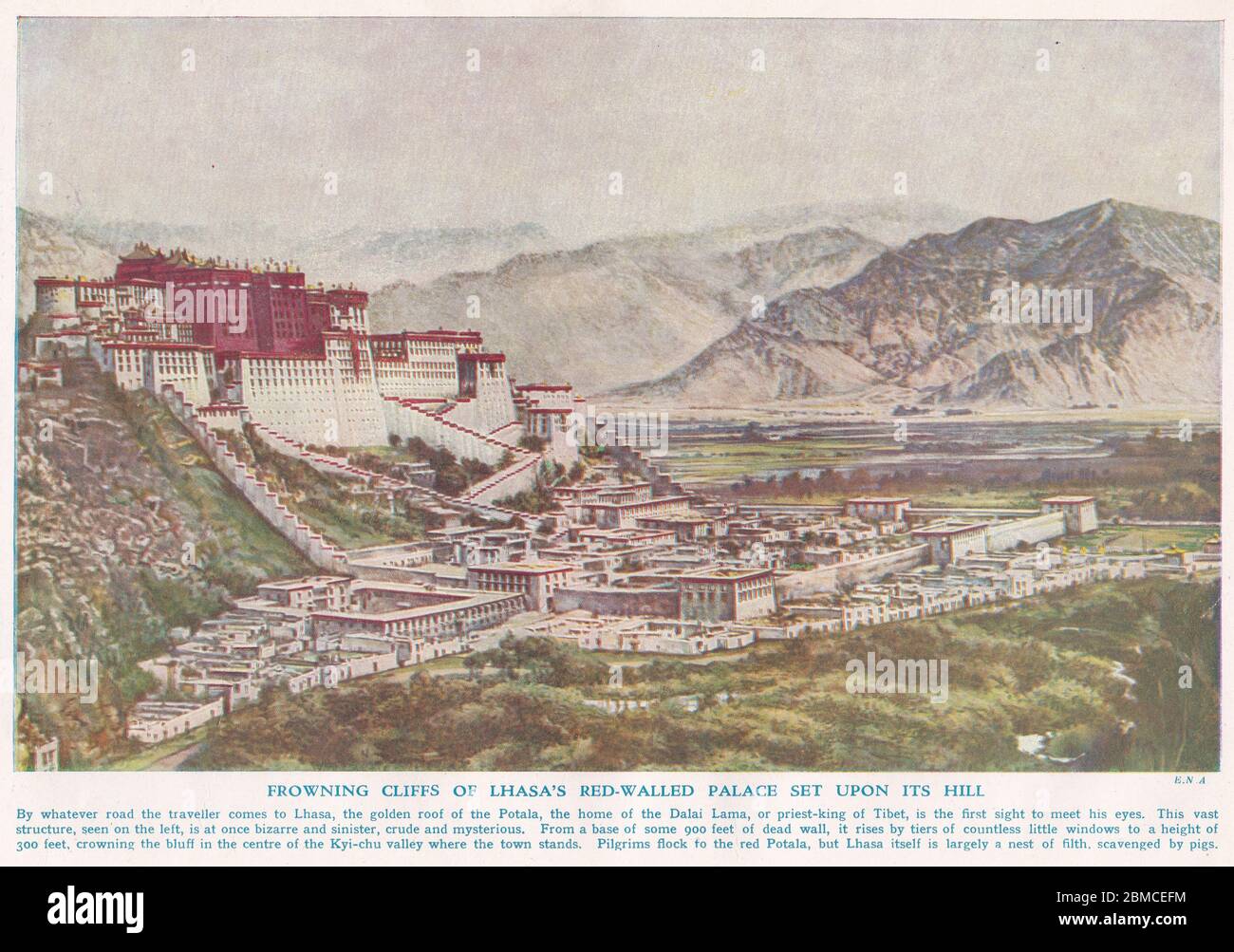 Peinture ancienne des falaises glaciales du palais aux murs rouges de Lhassa, situé sur sa colline - Potala, la maison du Dalaï Lama. Banque D'Images