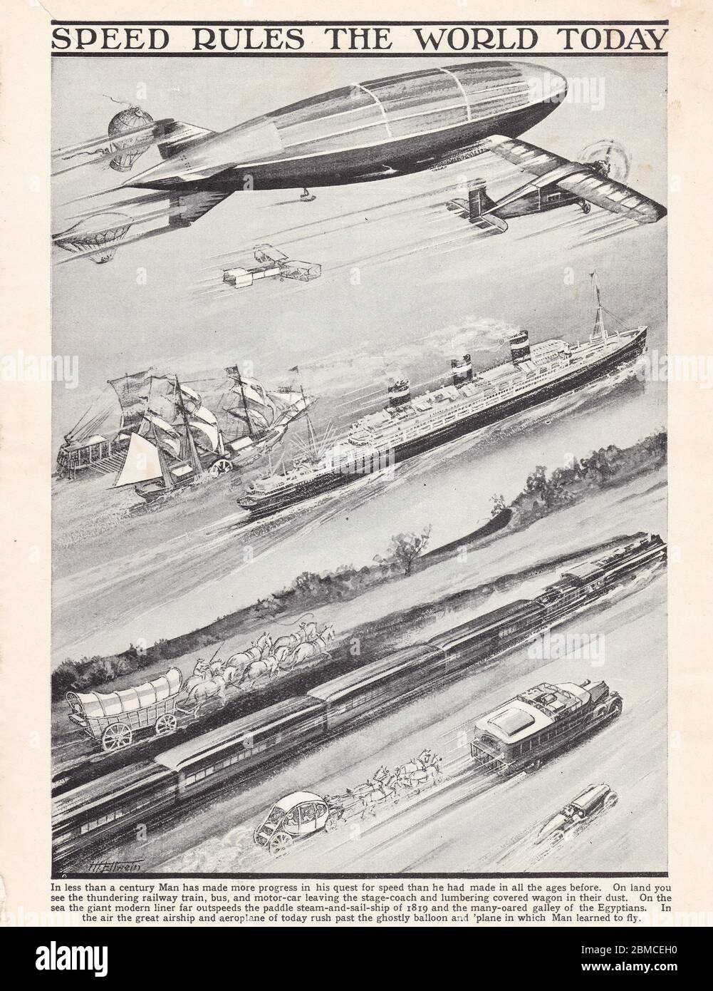 Illustration vintage des années 1930 de la vitesse fait tourner le monde aujourd'hui - transport 1800 - 1900. Banque D'Images