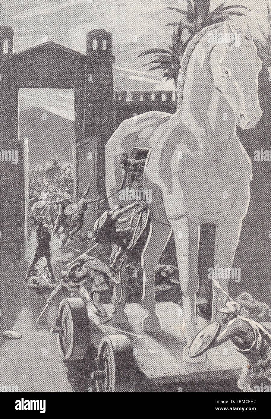 La guerre de Trojan - Grecs émergent du cheval de bois. Banque D'Images