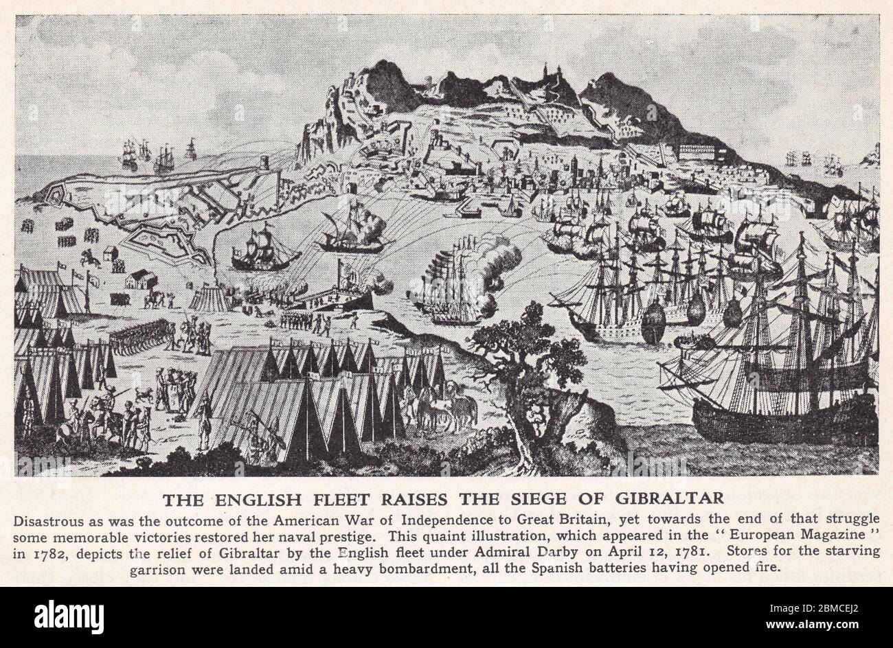Illustration du secours de Gibraltar par la flotte anglaise sous l'amiral Darby le 12 avril 1781. Banque D'Images