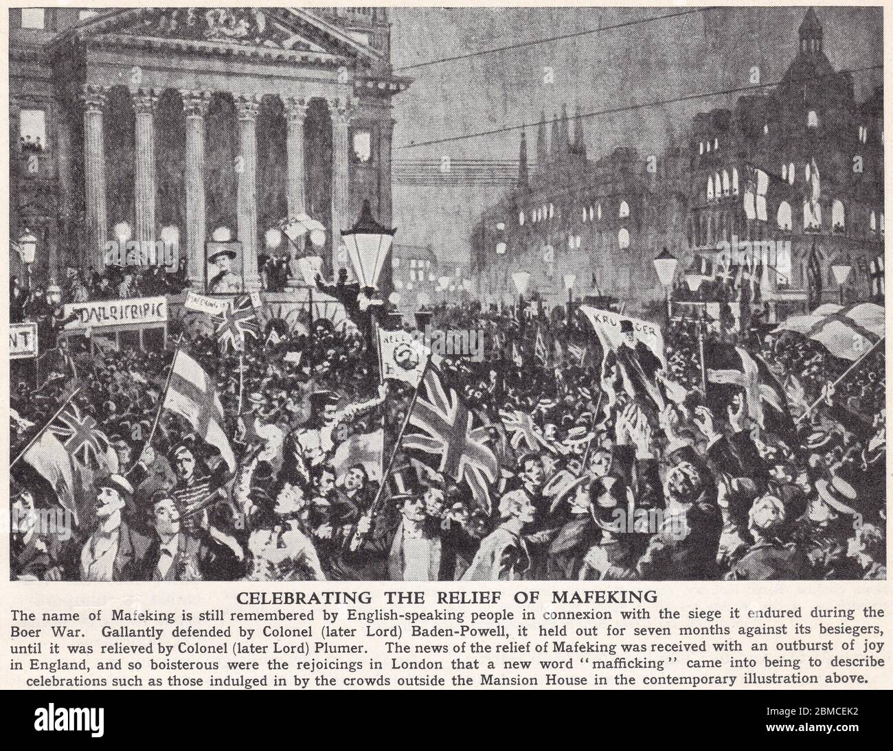 Illustration vintage de la célébration du relief de Mafeking - foules à l'extérieur du manoir. Banque D'Images