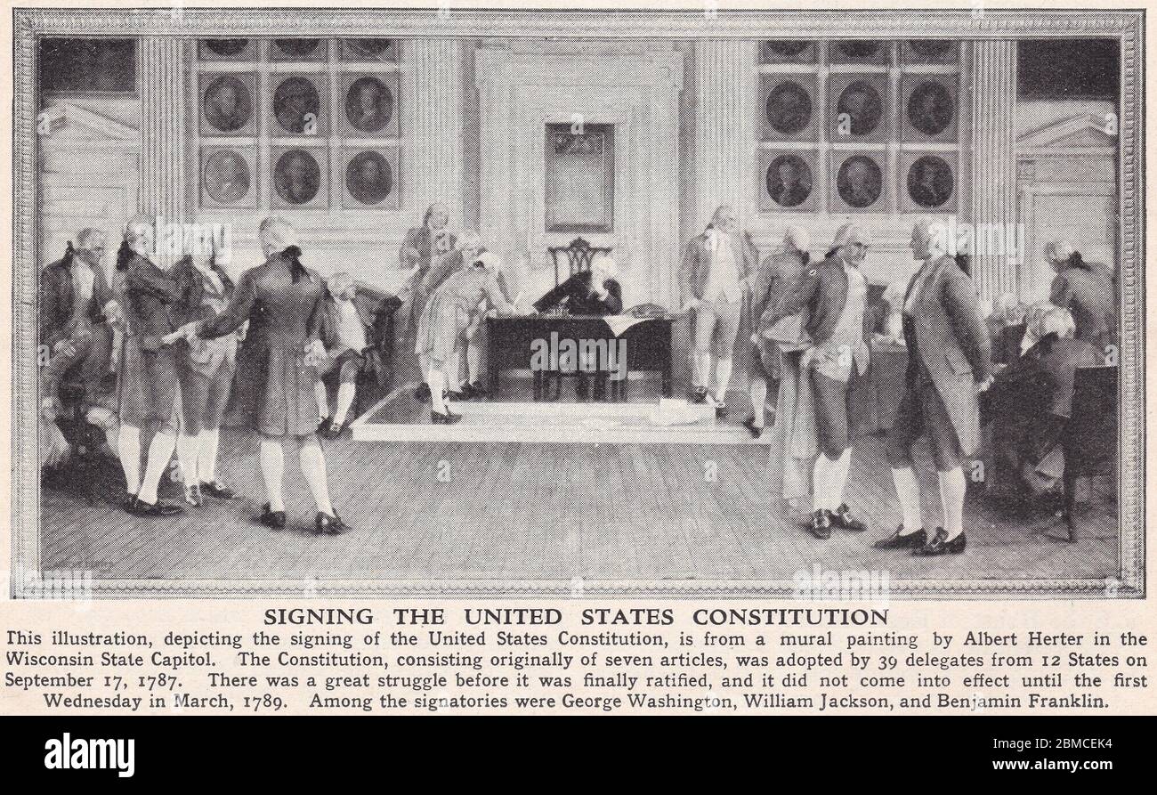 Illustration ancienne la signature de la Constitution des États-Unis a eu lieu le 17 septembre 1787, à l'Independence Hall de Philadelphie, en Pennsylvanie. Banque D'Images