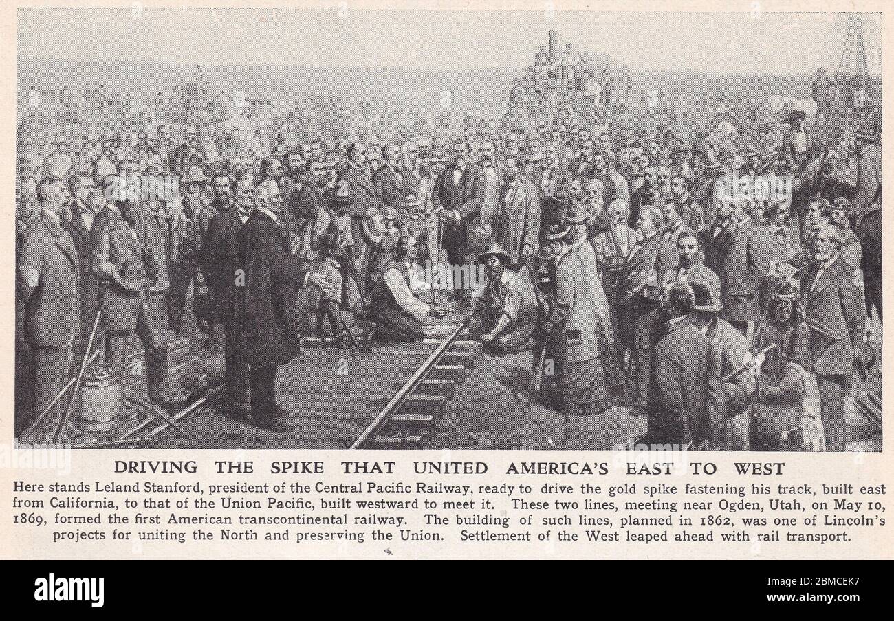 Illustration ancienne de Leland Stanford, président du Central Pacific Railways, 10 mai 1869 - achèvement du First Transcontinental Railroad. Banque D'Images