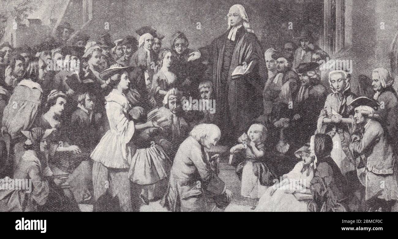 Peinture de John Wesley prêchant à une réunion en plein air 1700. Banque D'Images