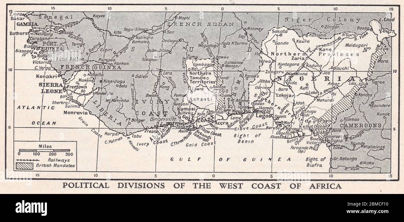 Carte ancienne des divisions politiques de la côte ouest de l'Afrique, années 1900. Banque D'Images