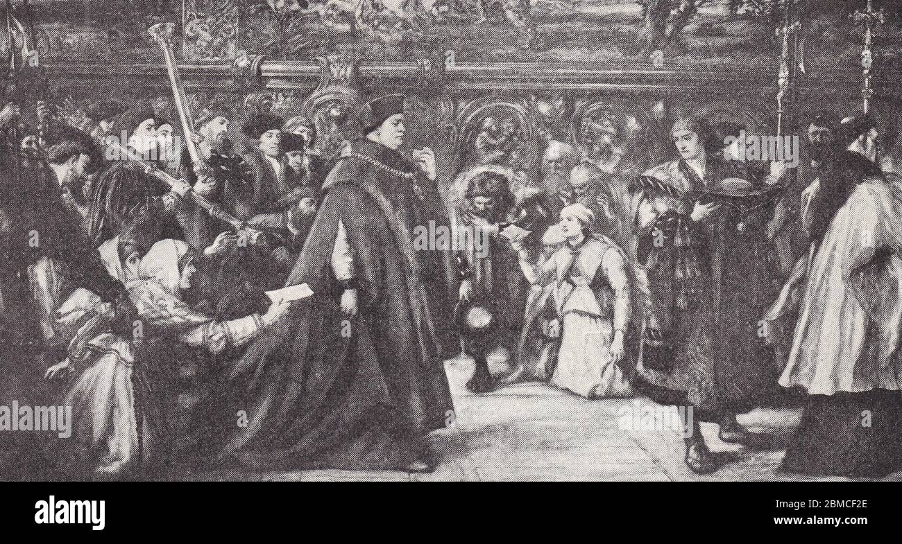 Peinture du cardinal Wolsey à Westminster Hall par Sir John Gilbert. Banque D'Images