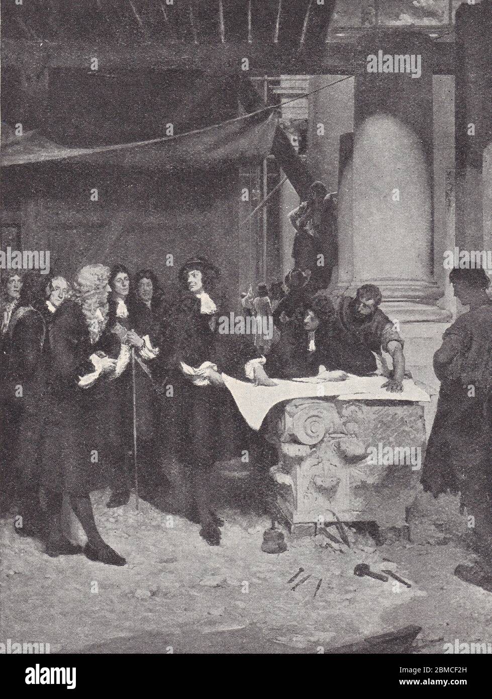 Peinture de Wren recevant une visite du roi Charles par Seymour Lucas. Banque D'Images