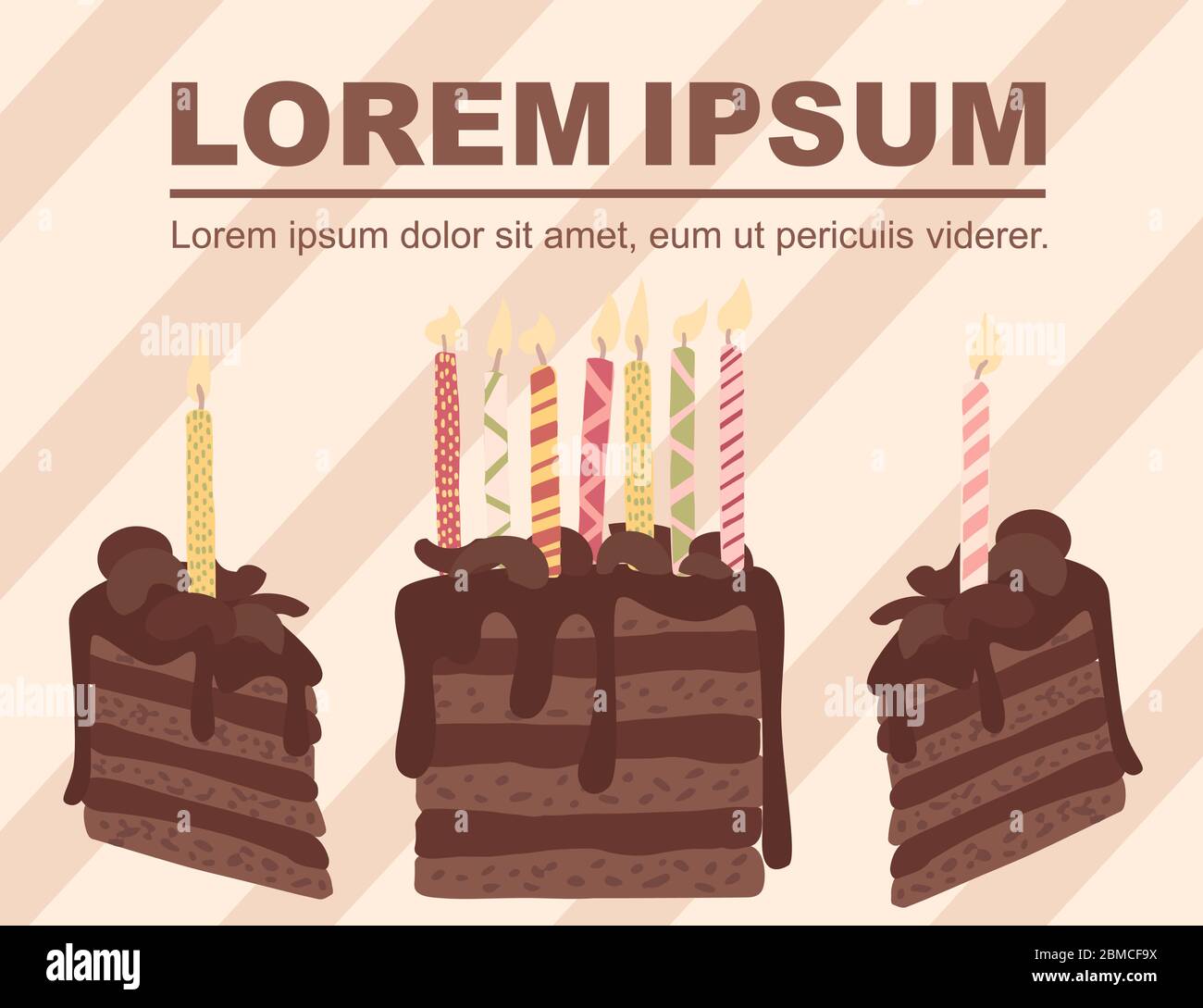 Publicité circulaire design avec morceau de gâteau versé au chocolat et bougies d'anniversaire plat vecteur illustration sur fond marron Illustration de Vecteur
