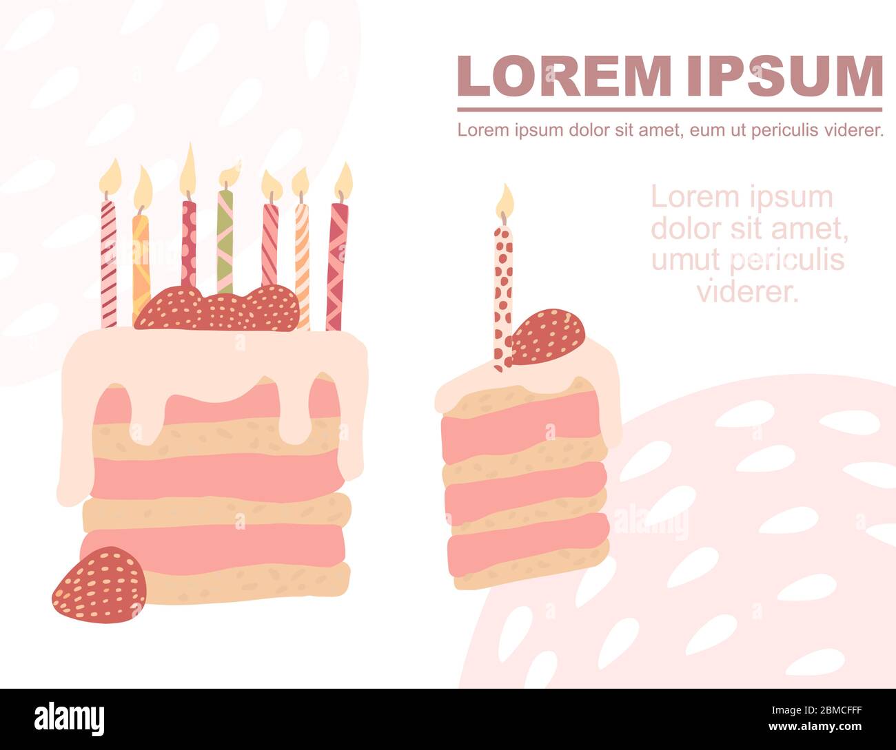 Publicité flyer design morceau de gâteau avec fraise et bougies d'anniversaire illustration vectorielle plate sur fond blanc Illustration de Vecteur