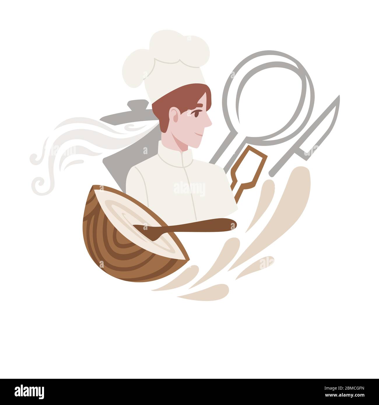 Jeune homme chef de boulangerie avec outils de cuisine dessin animé plat personnage dessin vectoriel illustration sur fond blanc Illustration de Vecteur