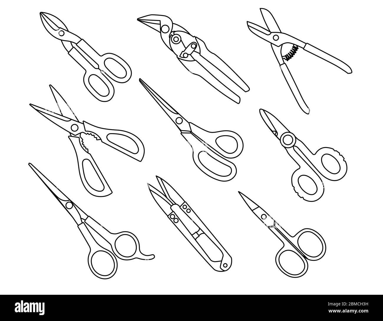 Différents modèles de ciseaux outils de collection pour le jardinage médical barber ou sur mesure vecteur d'illustration isolé sur fond blanc style de contour Illustration de Vecteur