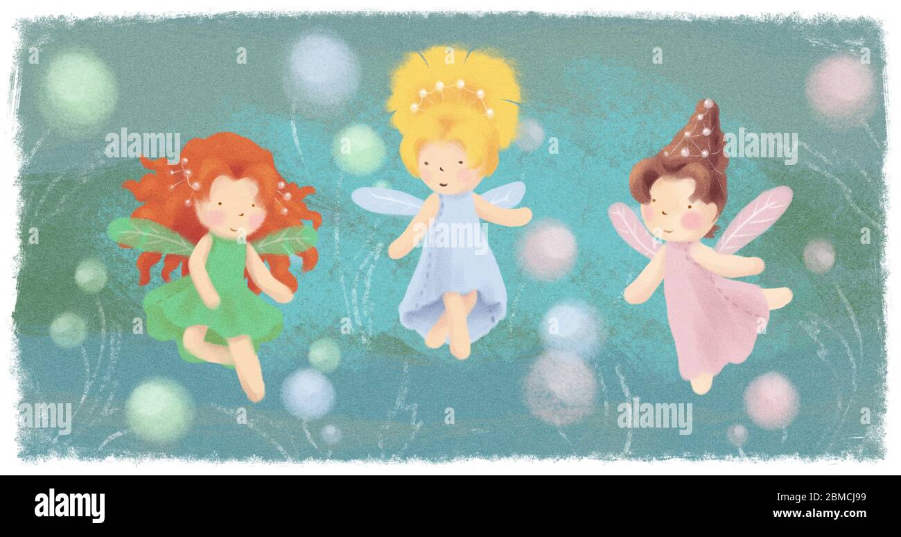 Carte de vœux Garden Fairies sur fond vert. Trois petites princesses bannière magique, affiche. Couverture à imprimé conte de fées pour enfants. Motif lutins fantaisie. Carte postale pour enfants avec fête des pixies, festive. Banque D'Images