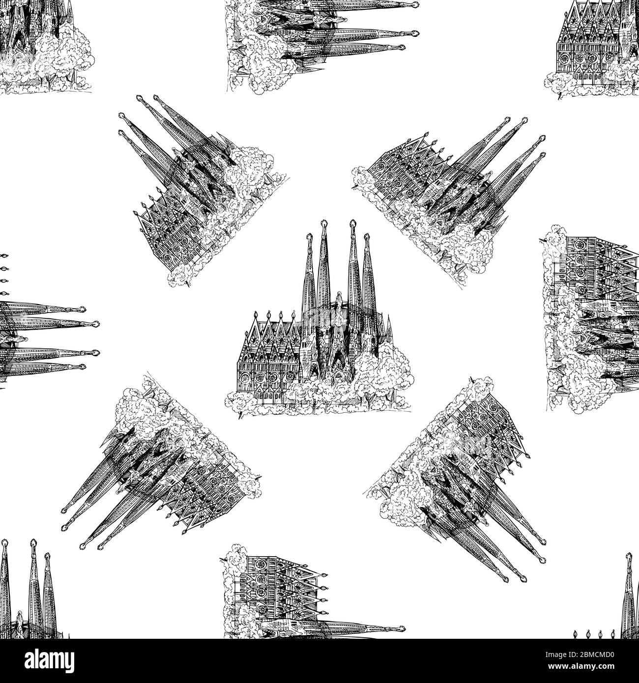 Schéma sans couture d'un dessin dessiné à la main de la Sagrada Familia isolé sur fond blanc. Illustration vectorielle. Illustration de Vecteur