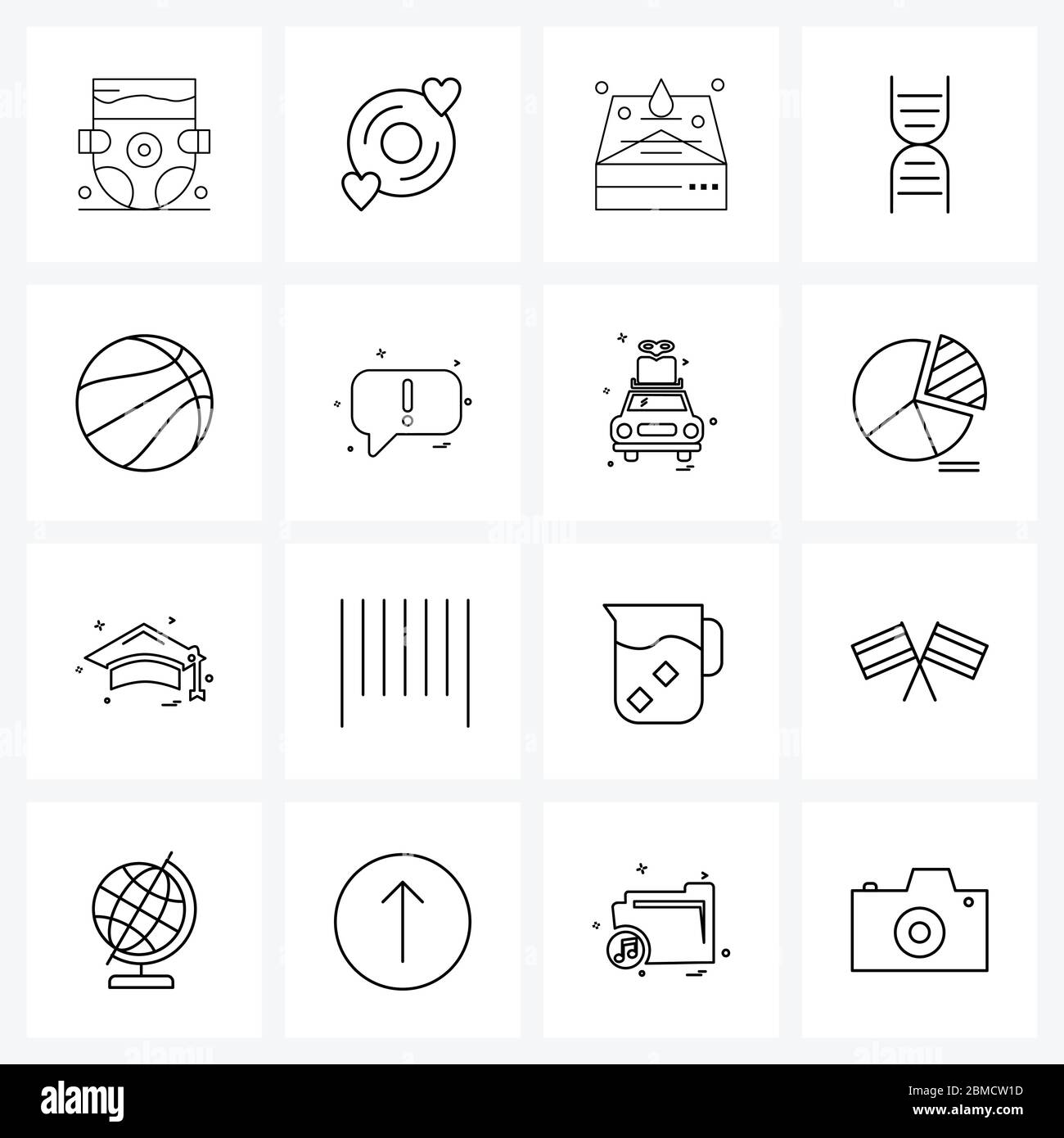 16 icône de ligne d'interface ensemble de symboles modernes sur les messages, la balle, le sang, la boule de panier, l'illustration du vecteur médical Illustration de Vecteur