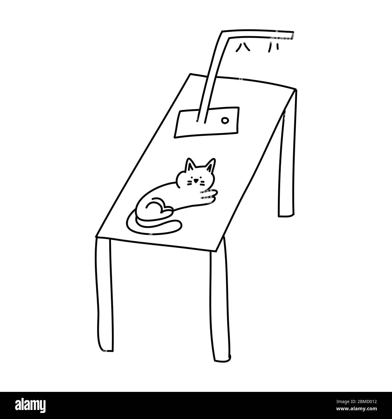Table de douche dessinée à la main avec lampe moderne et chat dessus. icône réveil. Un élément isolé sur fond blanc. Illustration de stock vectoriel. Illustration de Vecteur