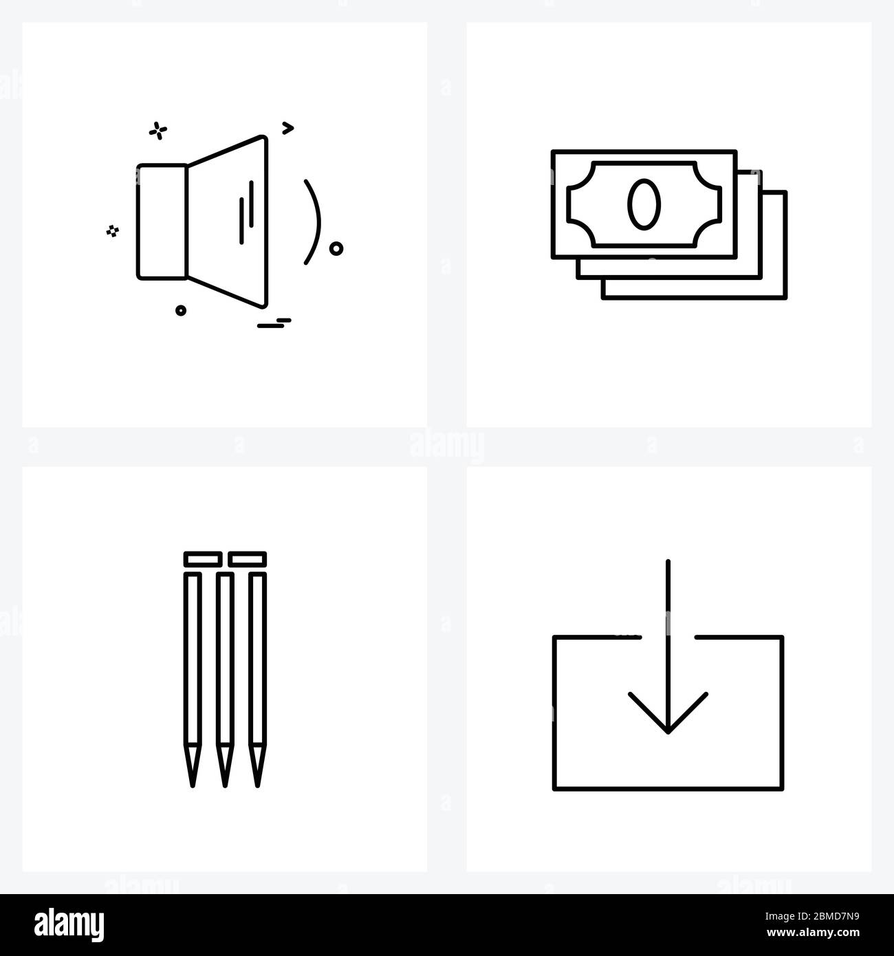 Ensemble de 4 icônes de ligne simple pour le Web et l'impression, telles que son, cricket, haut-parleur, argent, Down Vector Illustration Illustration de Vecteur