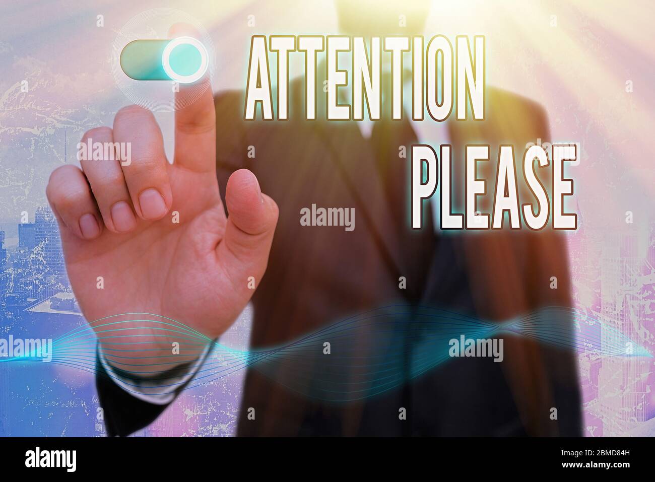 Rédaction conceptuelle de la main montrant l'attention s'il vous plaît. Concept signification demander à montrer de concentrer leurs pouvoirs mentaux sur vous Banque D'Images