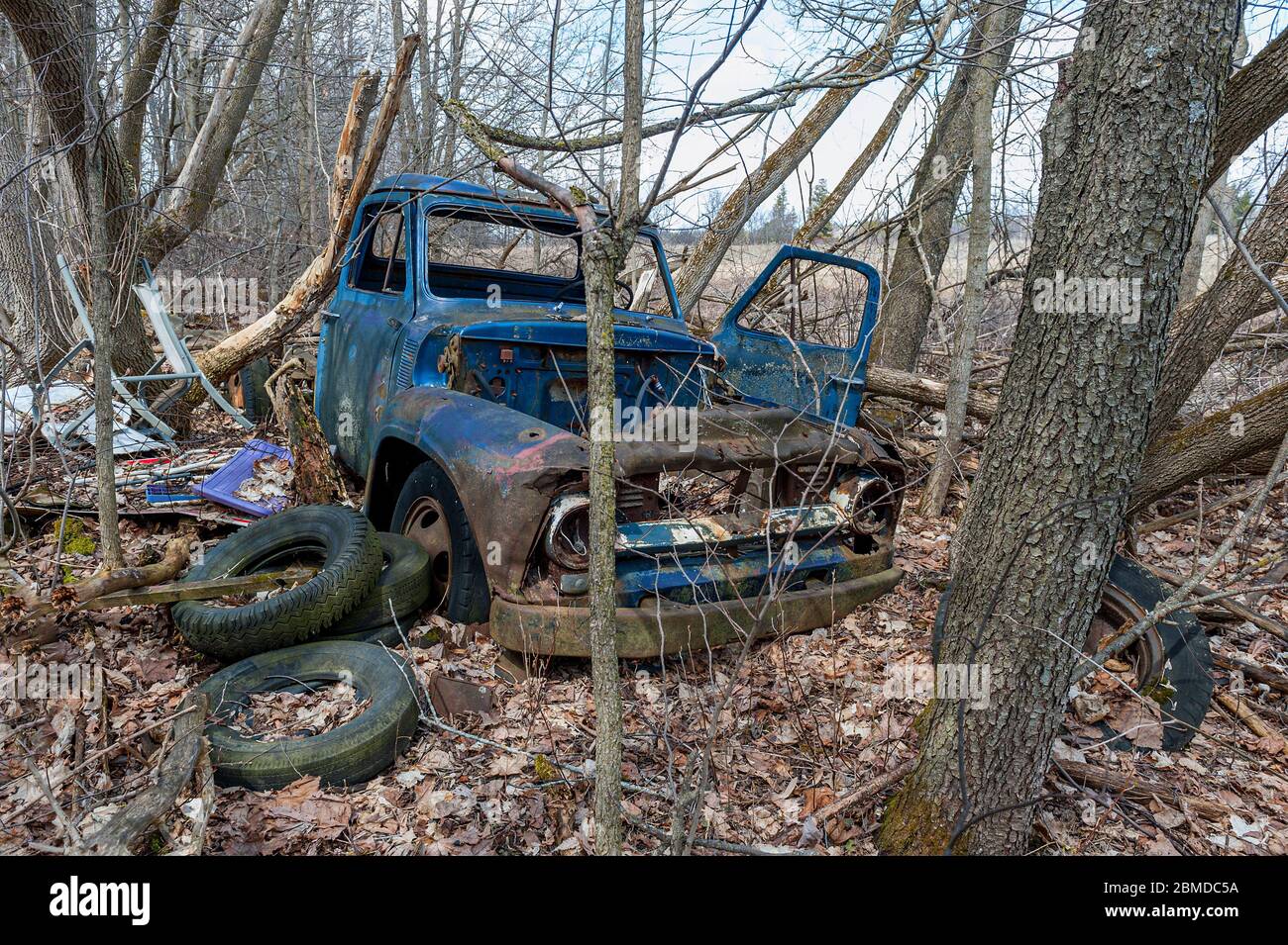 camion abandonné dans les bois Banque D'Images