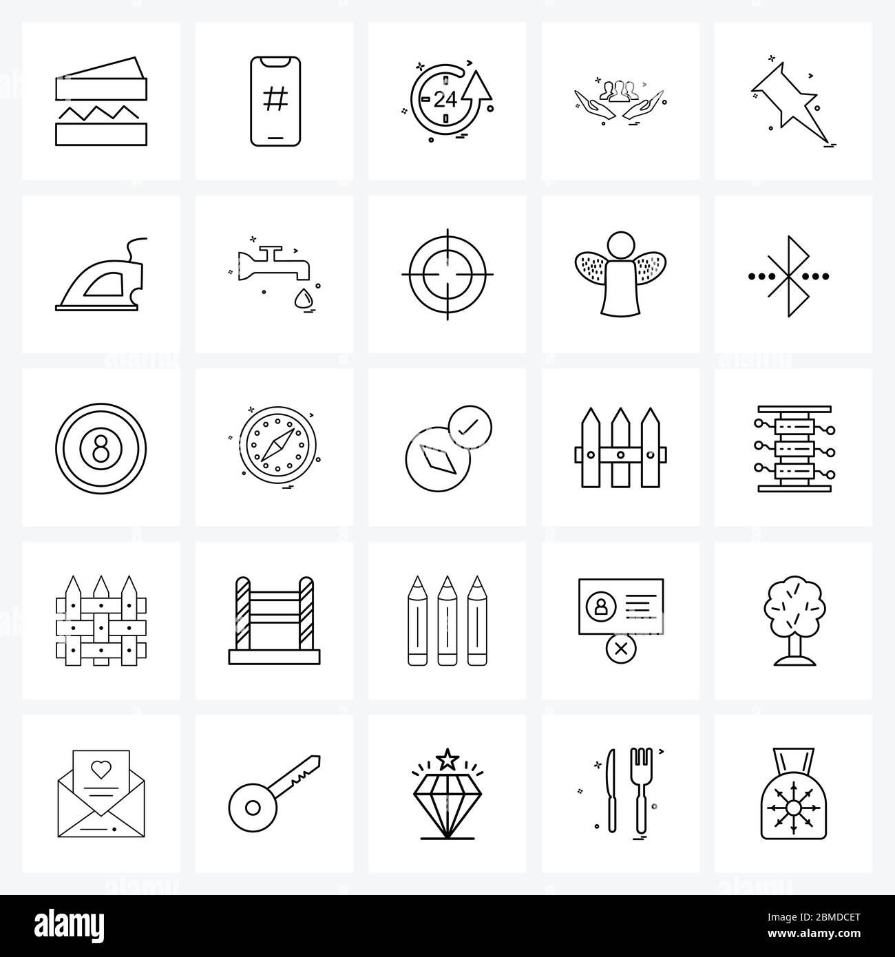 25 icône de ligne d'interface ensemble de symboles modernes sur la broche, le groupe, l'heure, les mains, les heures Illustration du vecteur Illustration de Vecteur