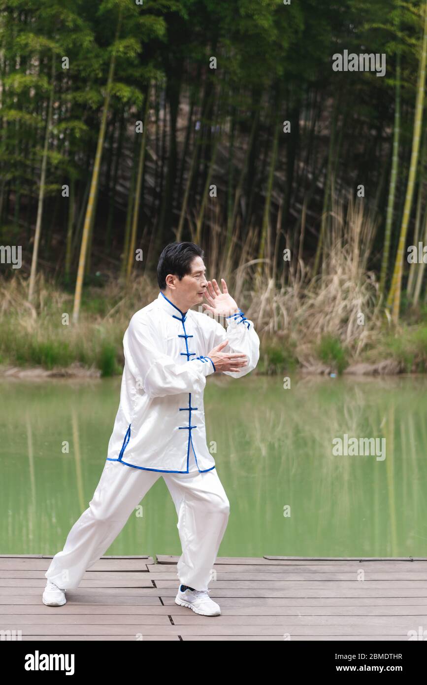 Un homme asiatique âgé faisant du sport au bord du lac Banque D'Images