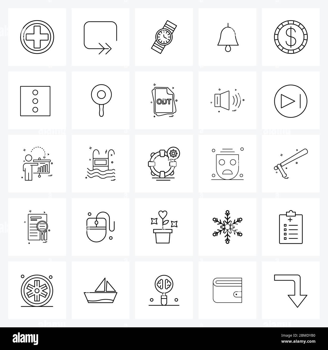 Symboles isolés ensemble de 25 icônes simples de la ligne de pièce, alerte, boucle, cloche, heures Illustration du vecteur Illustration de Vecteur