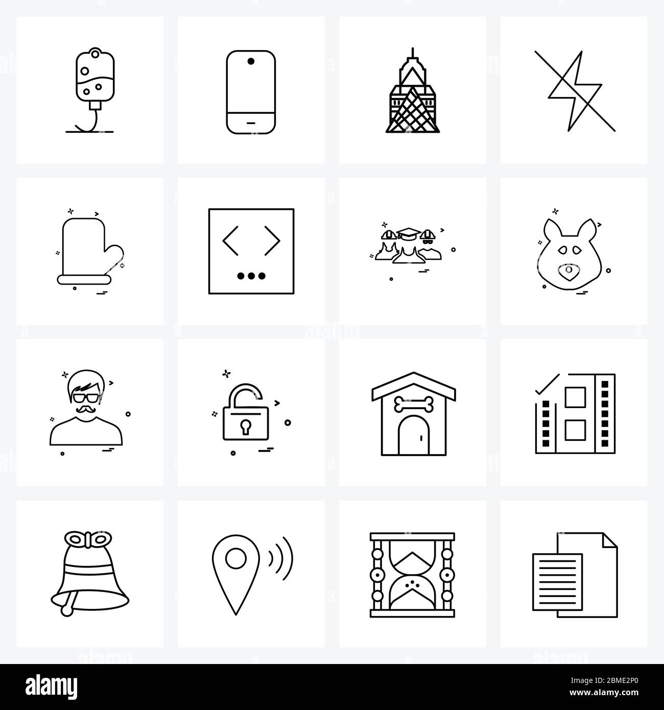 16 Universal Line Icon Pixel Perfect symboles de cuisine, cuisine, bâtiment, désactiver, flash Vector Illustration Illustration de Vecteur