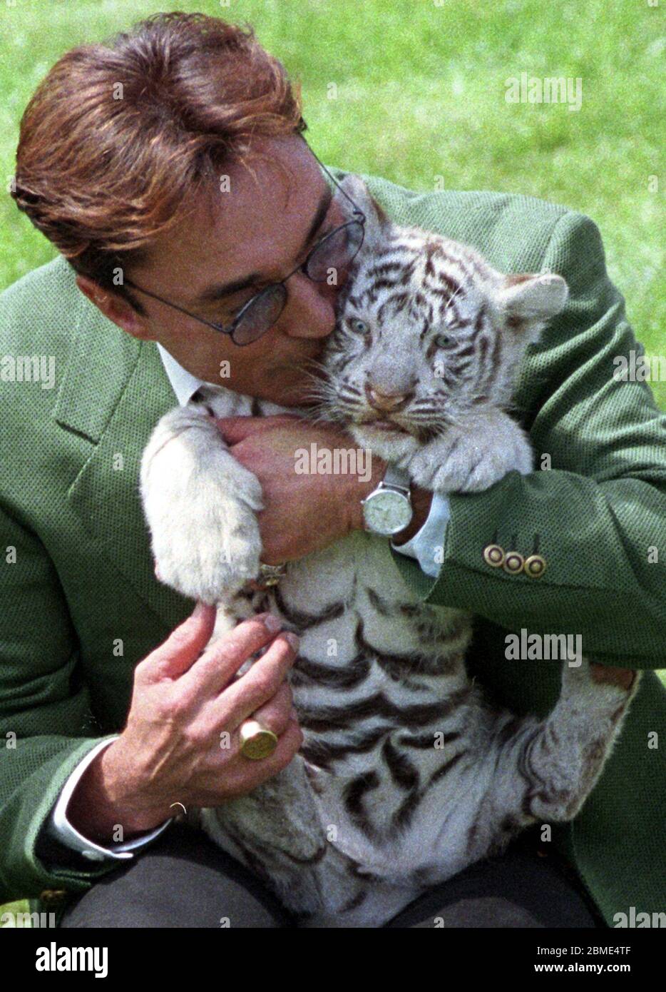 Le magicien américain Roy le 16 janvier 1997 dans le 'Hollywood Safari Park' à Stuckenbrock près de Paderborn avec un tigre blanc. Roy Horn, magicien du duo Siegfried & Roy, est sur le mend, selon son partenaire Siegfried Fischbacher. 'Non, rien sur les rumeurs est vrai. Roy est hors de danger. Il marche mieux de jour en jour », a déclaré Rosenheim, 64 ans, originaire du quotidien « Die Welt » (numéro du 20 octobre 2003). Le 3 octobre 2003, le magicien de 59 ans a été attaqué et grièvement blessé par le tigre de Montecore pendant un spectacle. | utilisation dans le monde entier Banque D'Images