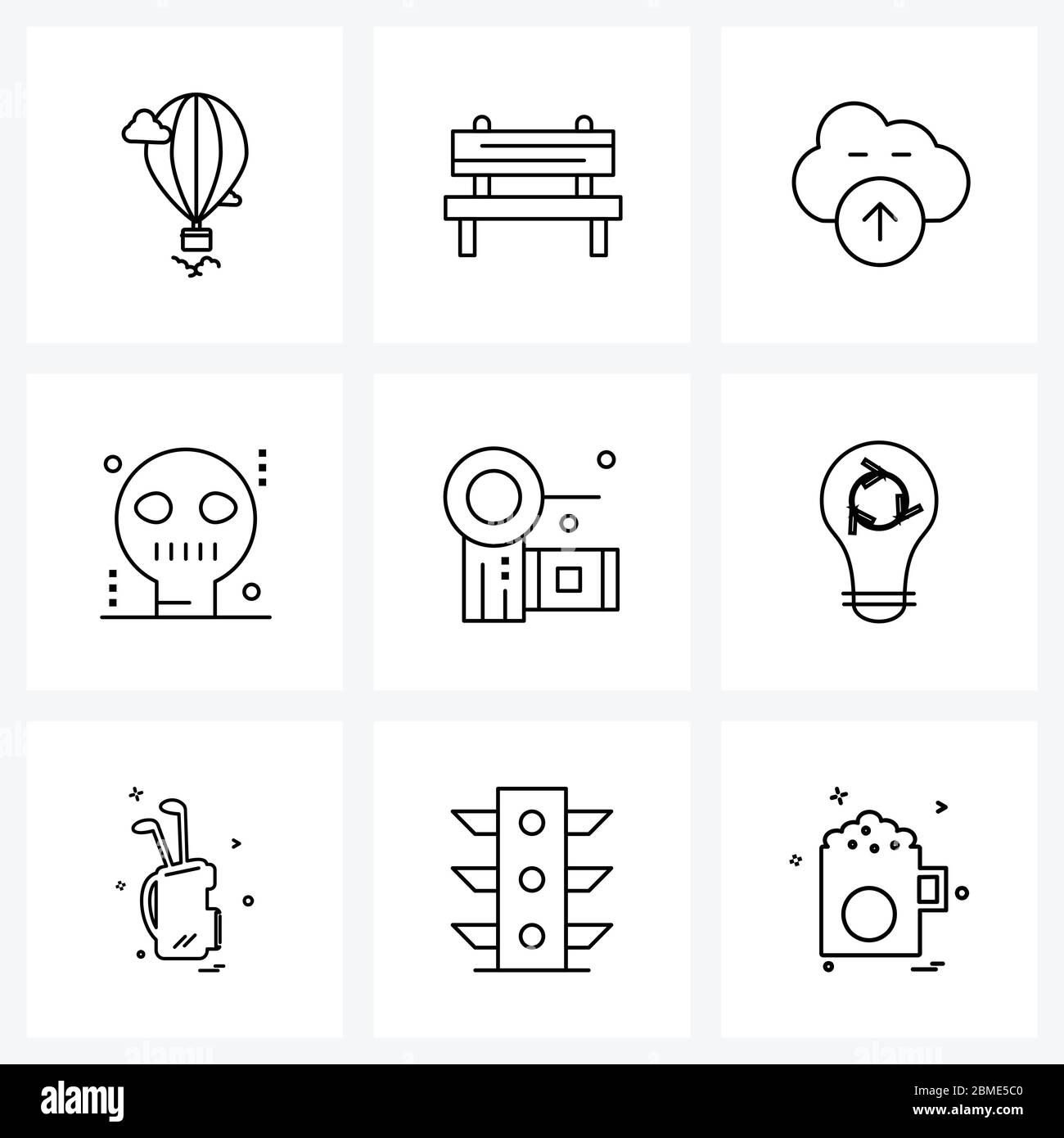 9 Universal Line Icon Pixel Perfect symboles d'ampoule, de caméscope, de nuage, d'appareil photo, de science Vector Illustration Illustration de Vecteur