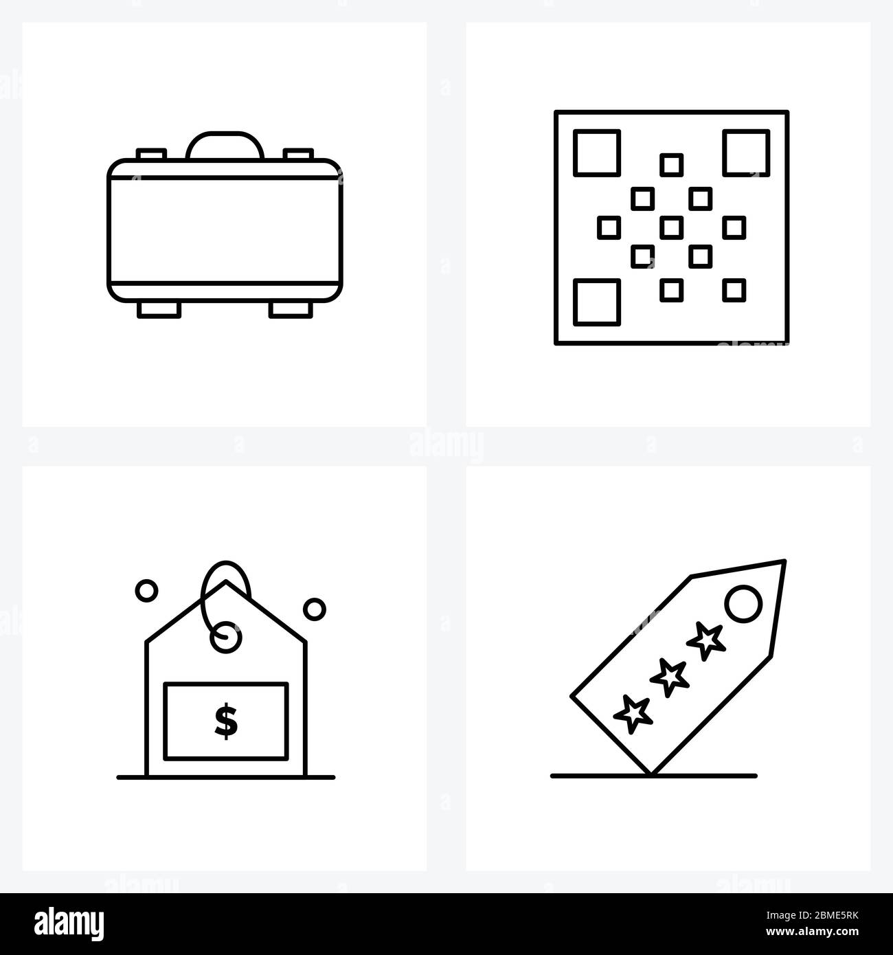 Jeu de 4 pictogrammes modernes de valise, magasin, identifié, code qr ...