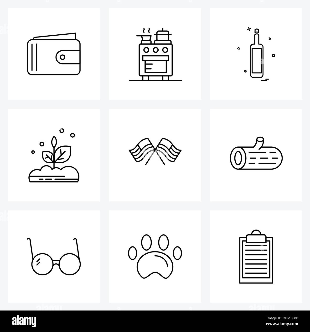 Jeu de 9 pictogrammes modernes de pays, d'usine, de cuisine, de plantes, de bouteille Illustration vectorielle pour la ligne UI mobile Illustration de Vecteur