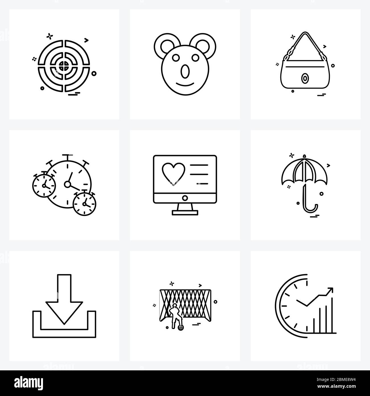 Jeu de 9 icônes de ligne simple pour le Web et l'impression telles que le coeur, l'heure, le sac à main pour femmes, horloge, chronomètre Illustration vectorielle Illustration de Vecteur