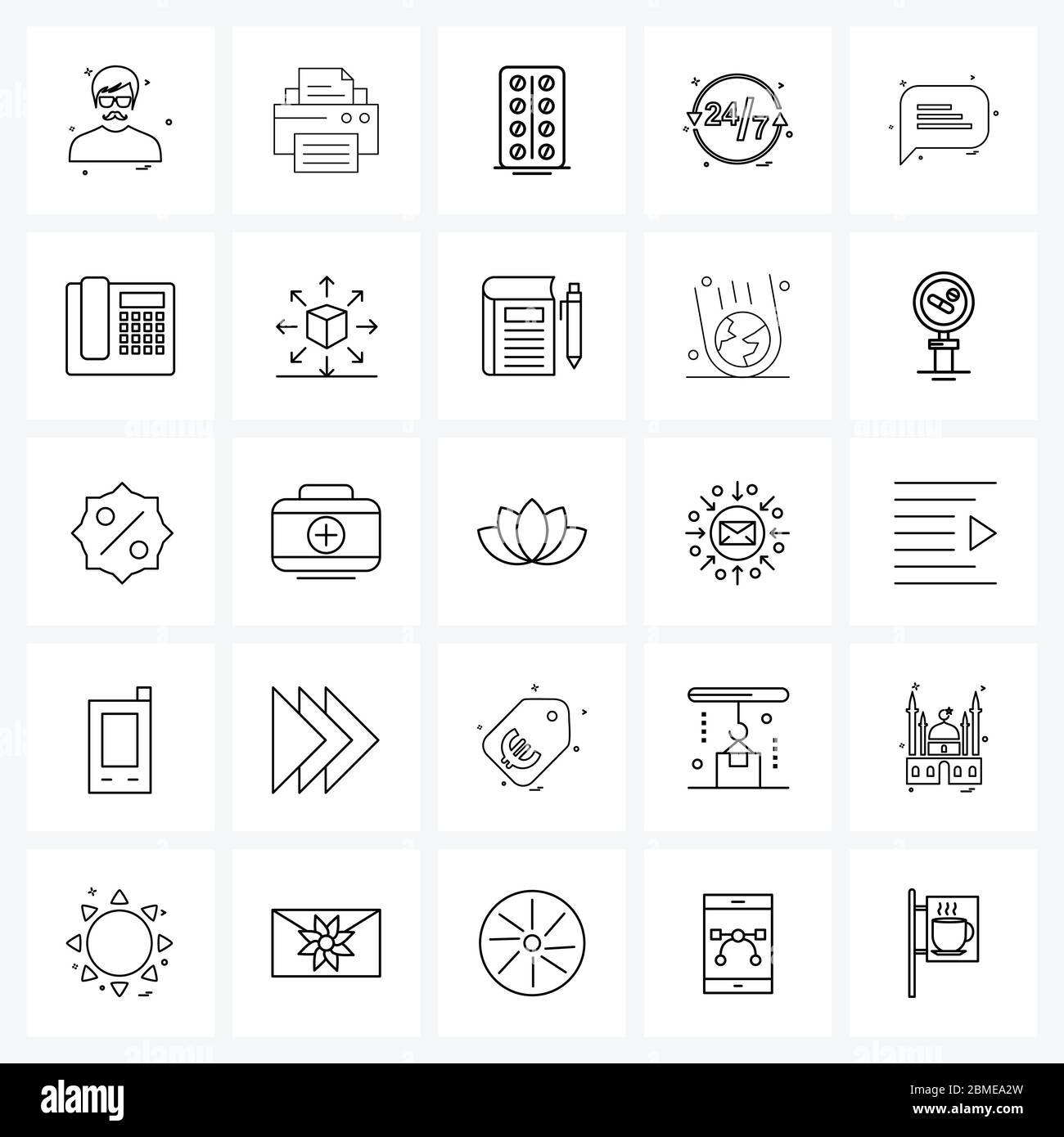 25 icône de ligne d'interface ensemble de symboles modernes sur l'appel, le téléphone, les heures, le chat, le message Illustration vectorielle Illustration de Vecteur
