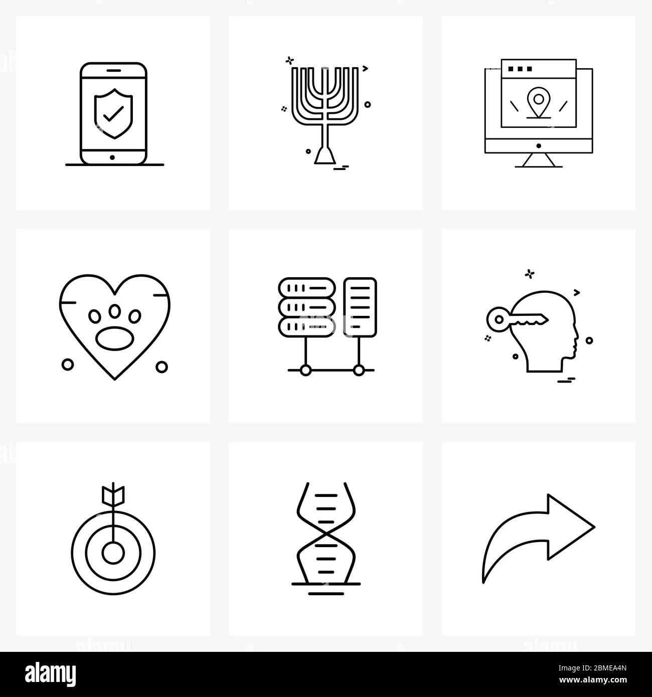 Ensemble simple de 9 icônes de ligne telles que cerveau, serveur, Web, centre de données, illustration du vecteur cardiaque Illustration de Vecteur