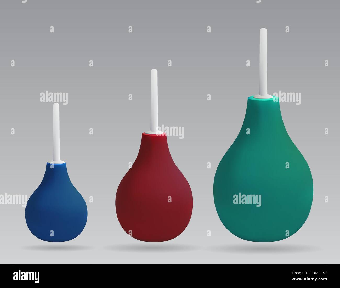 Enema. Ensemble d'enemas de différentes tailles et couleurs. Poire en caoutchouc et pointe en plastique. Vecteur. Illustration de Vecteur