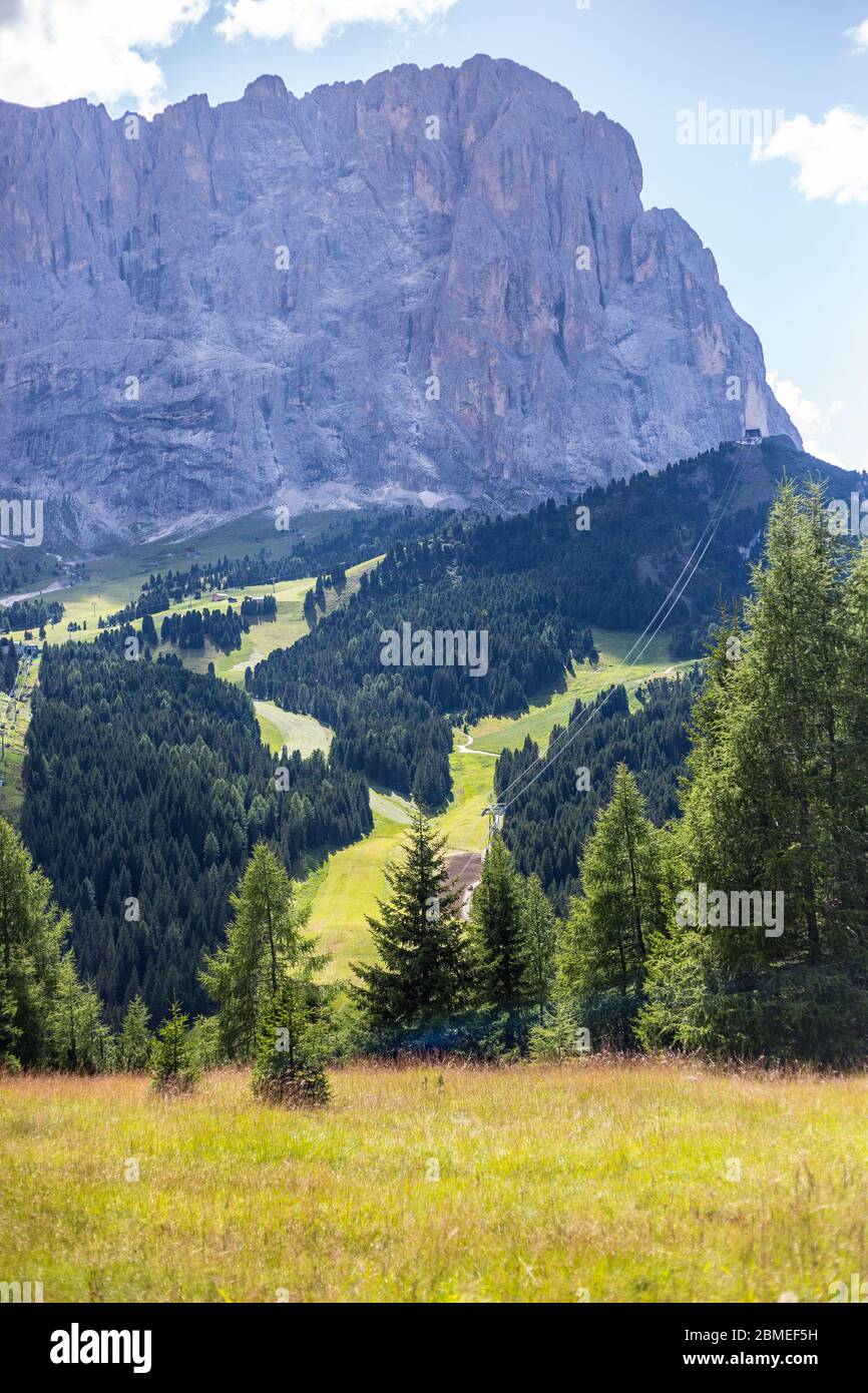 Vue sur Sassolungo (Langkofel) depuis Selva di Val Gardena, Italie Banque D'Images
