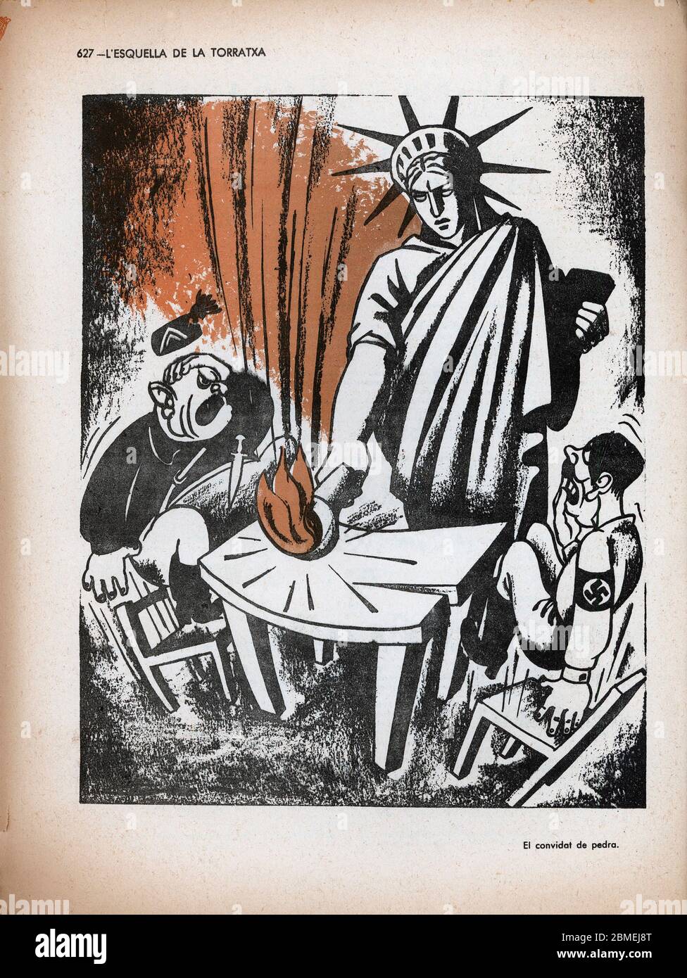 Espagne. Guerra civil (1936-1939). Viñeta satírica publicada en la revista humorística l'Esquella de la Torratxa. Los Estados Unidos representados por la Estatua de la Libertad dando un golpe de autoridad sobre la mesa en que se sientan Mussolini y Hitler. BENITO MUSSOLINI. ADOLF HITLER. Banque D'Images