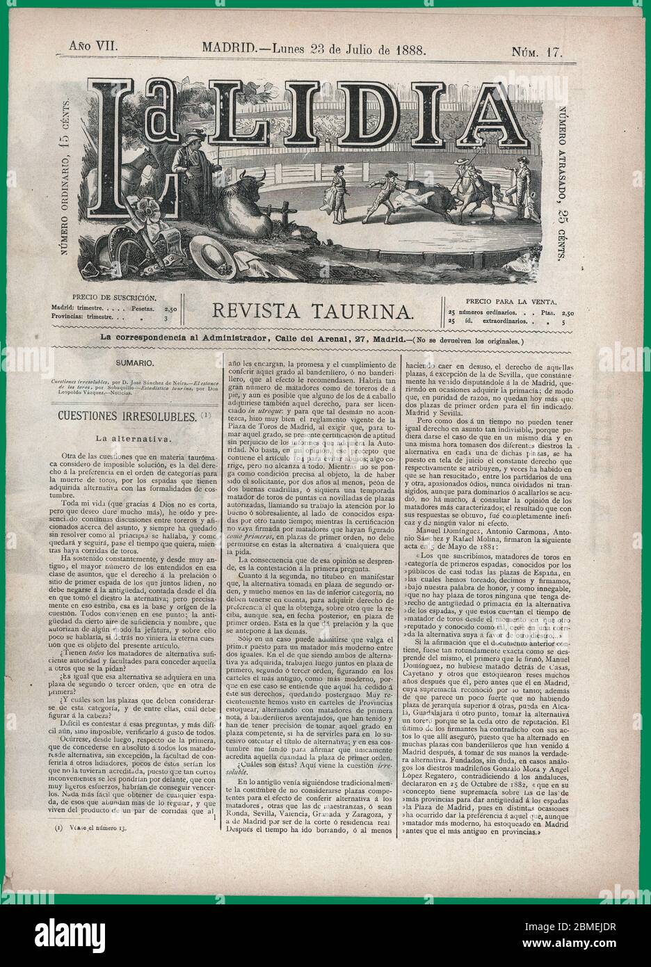 Portada de la revista taurina la Lidia. Madrid, julio de 1888. Banque D'Images