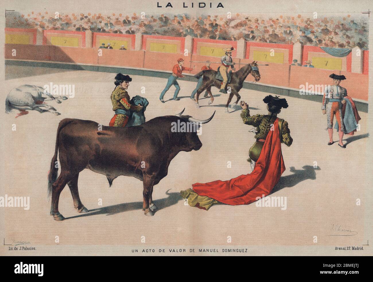 La lidia. Un acto de valor de Manuel Domínguez Campos (1816-1886), Desperdicios, desafiando al toro dándole la espalda. Año 1886. Banque D'Images