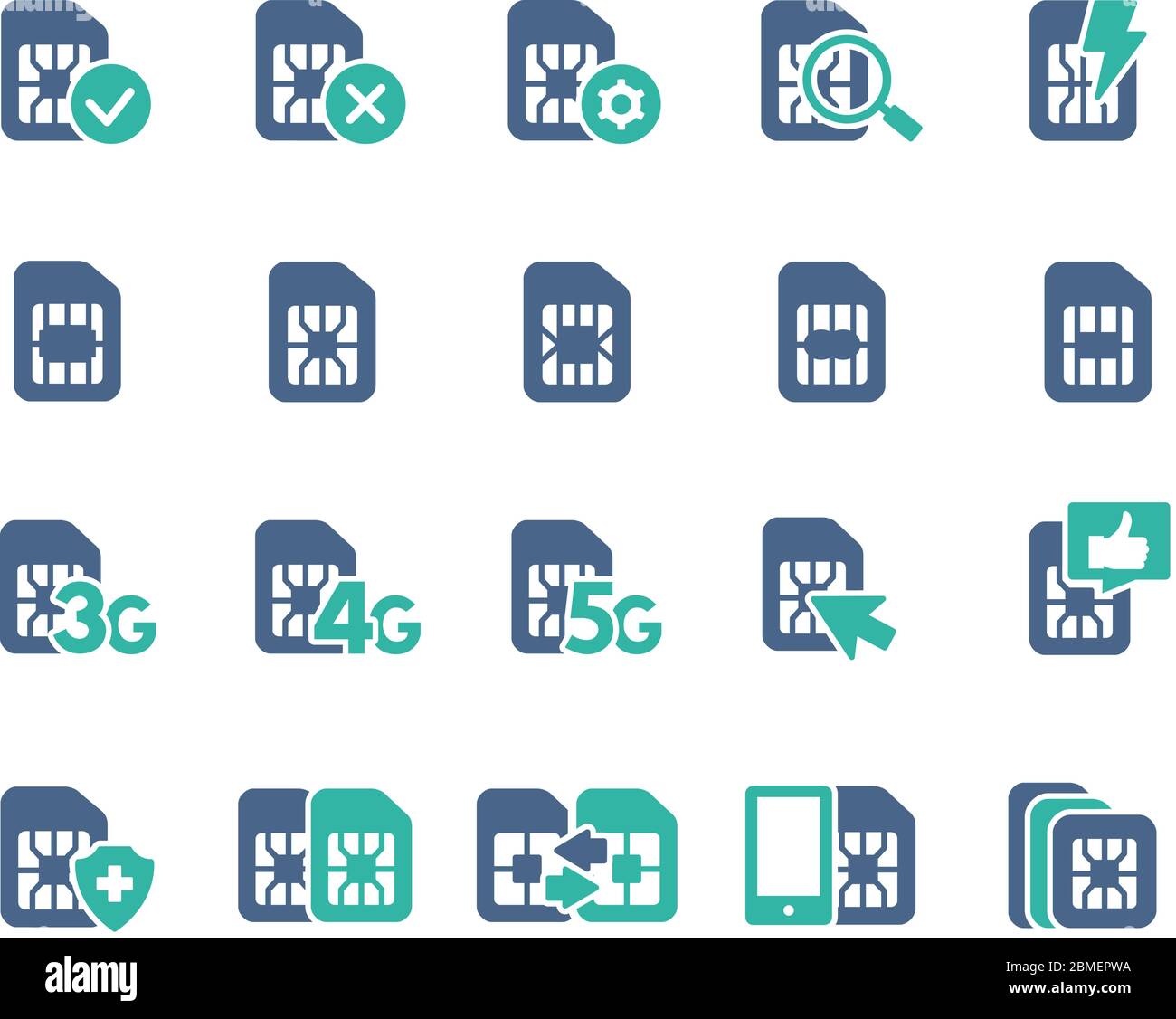 Ensemble d'icônes de carte SIM. 3G, 4G, 5G - réseau, Internet mobile, puce EMV, fente pour cartes, puce de téléphone et plus encore. Illustration de Vecteur