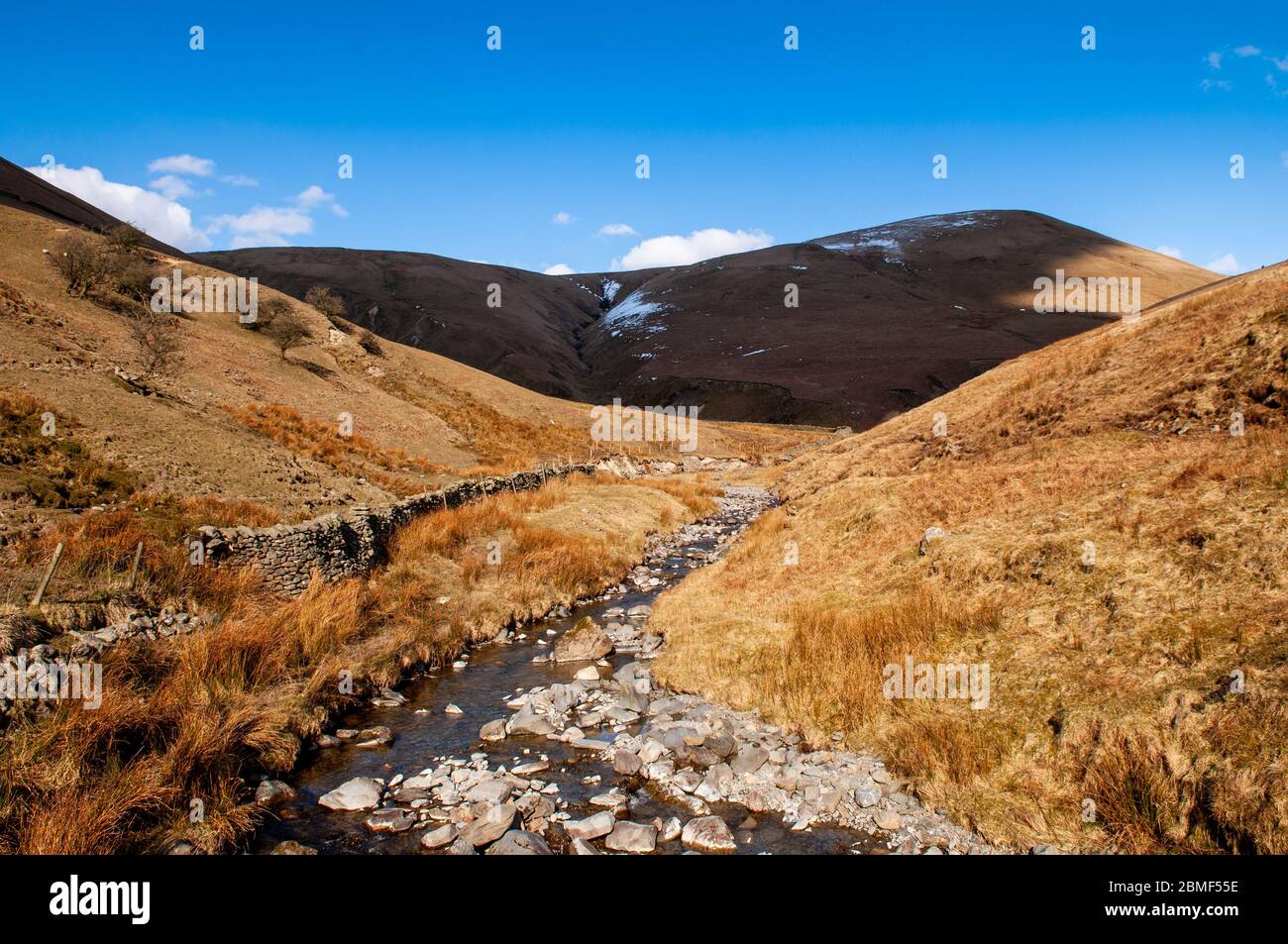 Un petit ruisseau rocheux descend la vallée abrupte de Carlin Gill dans les collines ondulantes de Howgill Fells du parc national de Yorkshire Dales. Banque D'Images