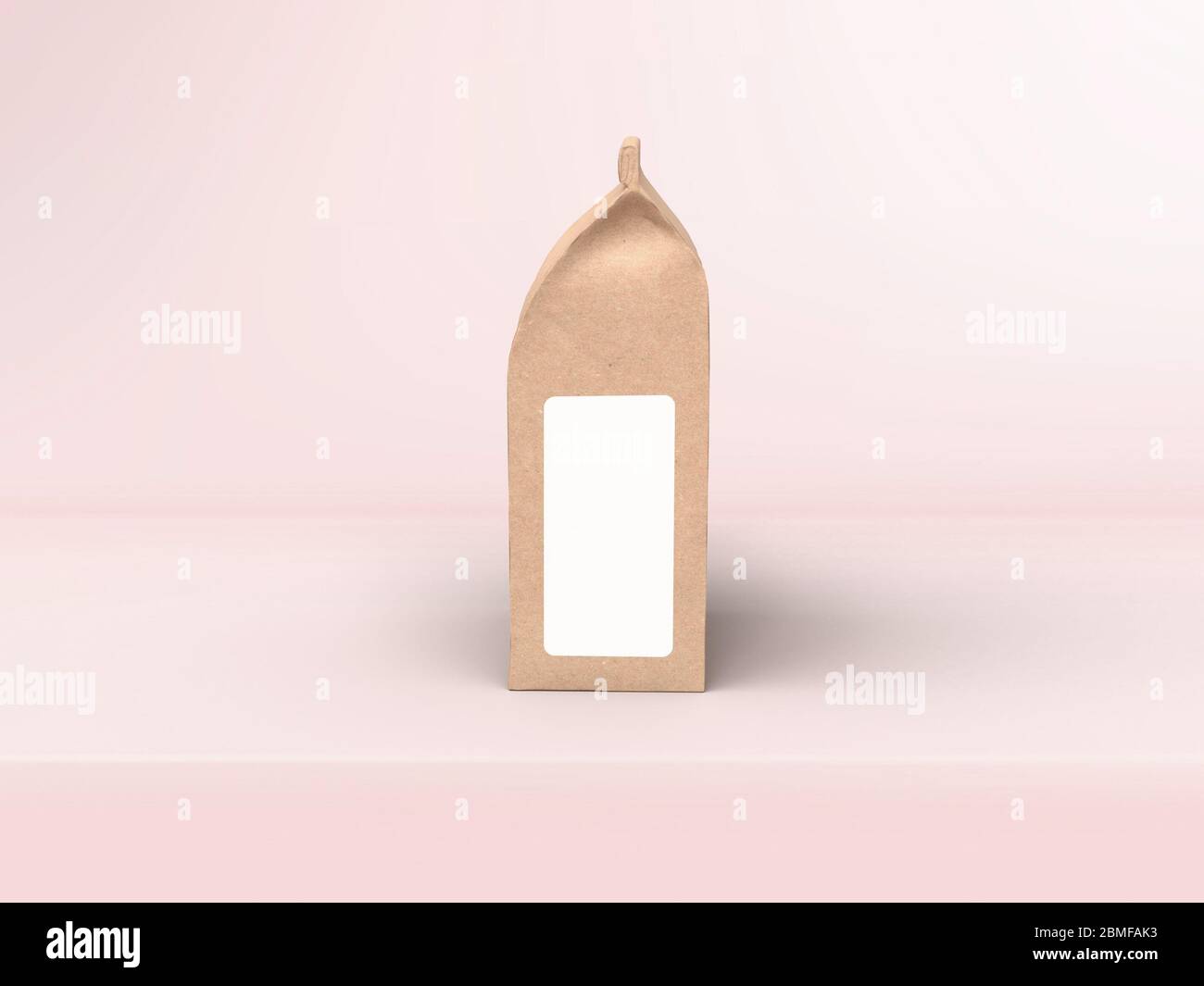 Le design de l'emballage du sac à café en forme de maquette offre une vue latérale sur un fond de scène studio rose pastel Banque D'Images Le design de l'emballage du sac à café en forme de maquette offre une vue latérale sur un fond de scène studio rose pastel Banque D'Images