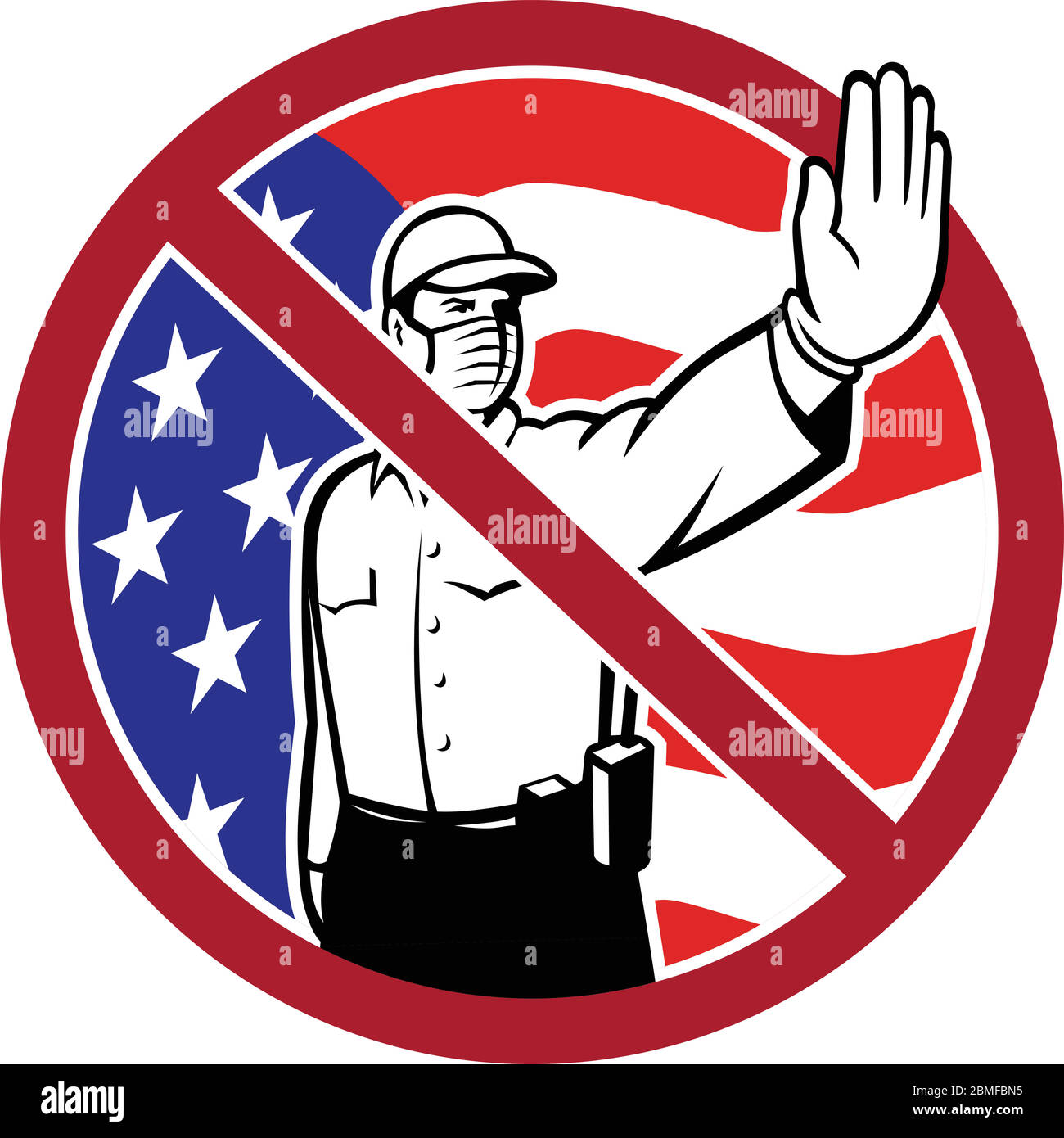 Illustration de style rétro d'un officier de patrouille de sécurité des frontières américain portant un masque de mise en main pour arrêter l'entrée en cercle avec USA fl Illustration de Vecteur