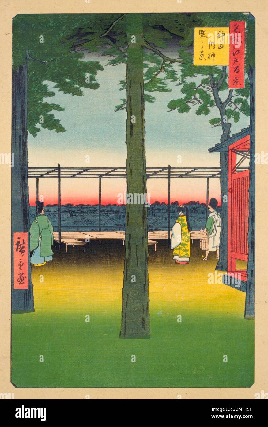 [ 1850 Japon - regarder le lever du soleil à Tokyo ] — personnes observant le lever du soleil au sanctuaire Kanda Myojin à Edo (Tokyo actuel), 1857 (Ansei 4). Cette impression en bois est l'image 10 dans une centaine de vues célèbres d'Edo (名所江戸百景, Meisho Edo Hyakkei), une série créée par l'artiste ukiyoe Utagawa Hiroshige (歌川広重, 1797–1858). C'est l'une des 42 scènes de printemps de la série. Titre: Lever du soleil au sanctuaire Kanda Myojin (神田明神曙之景, Kanda Myojin akebono no kei) 19ième siècle vintage Ukiyoe imprimé de blocs de bois. Banque D'Images