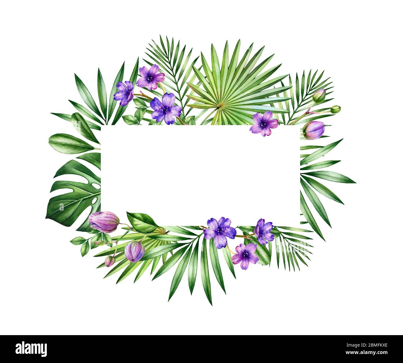 Bannière florale aquarelle. Cadre horizontal avec emplacement pour le texte. Fleurs violettes et feuilles de palmier. Fond tropical peint à la main pour les cartes Banque D'Images