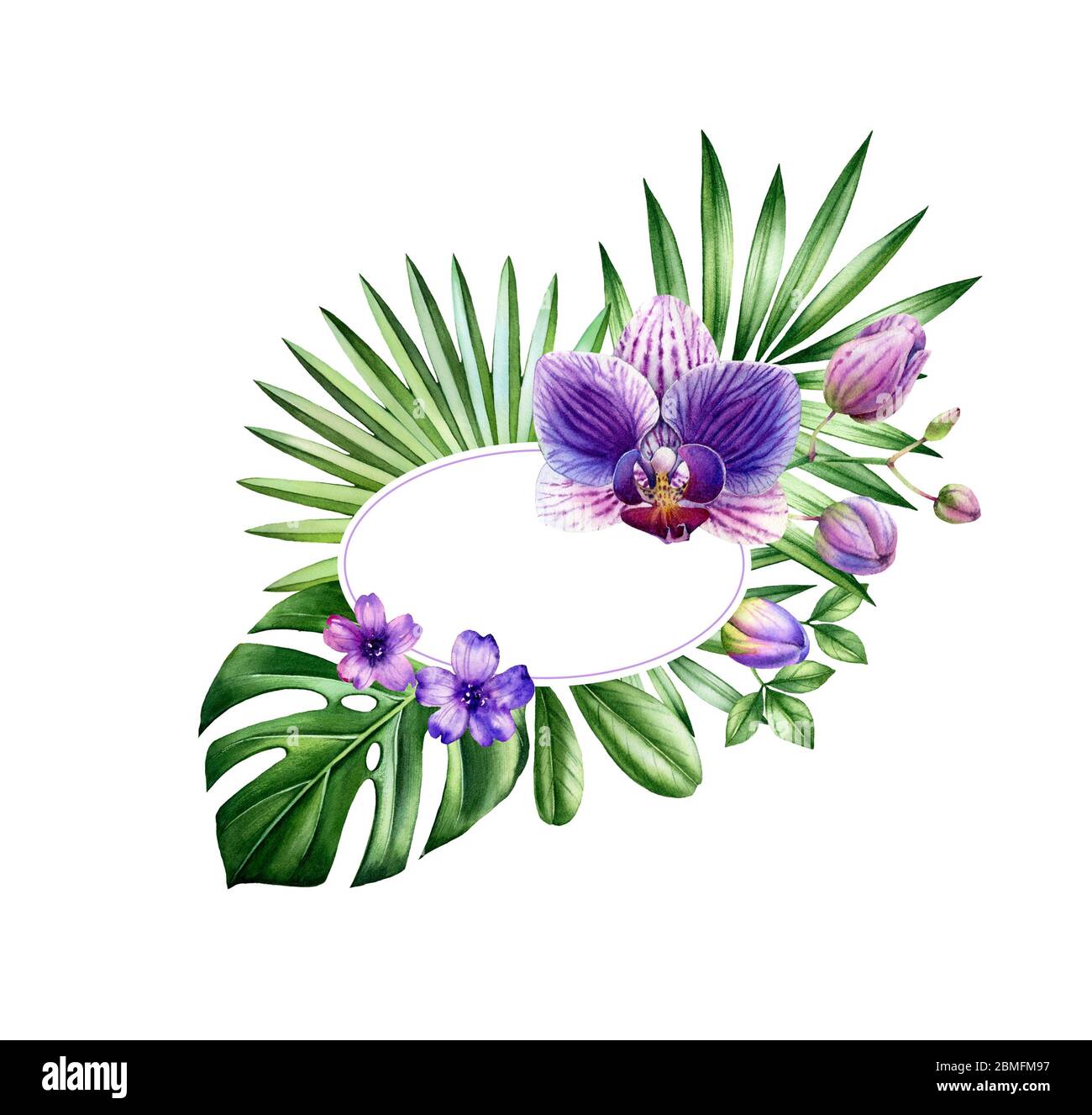 Bannière florale aquarelle. Cadre ovale avec emplacement pour le texte. Grande fleur d'orchidée pourpre et feuilles de monstère. Fond tropical peint à la main pour logo et Banque D'Images