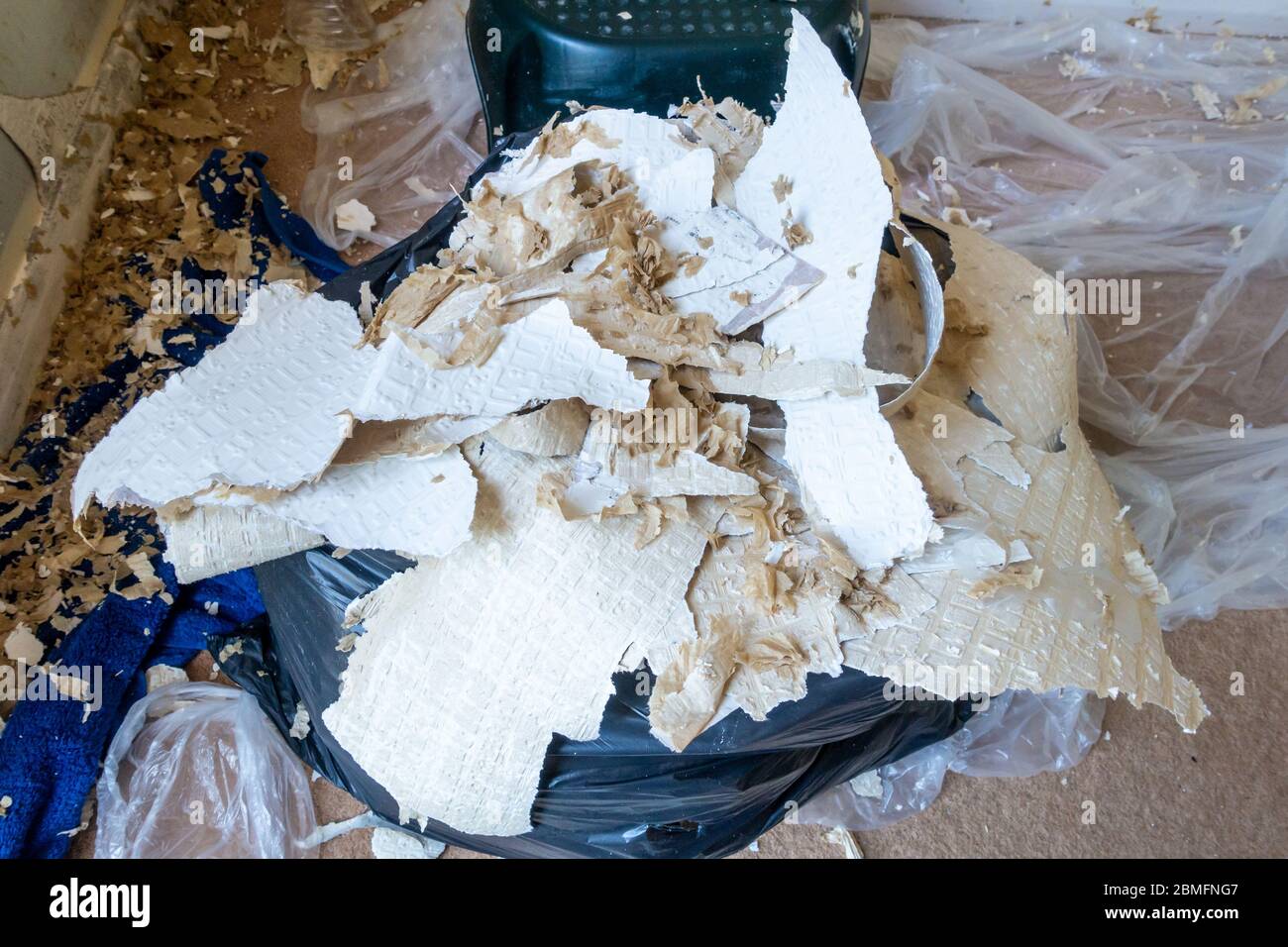 Papier peint retiré des murs farci dans un sac poubelle dans le cadre de l'enlèvement du papier peint pour redécorer. Banque D'Images