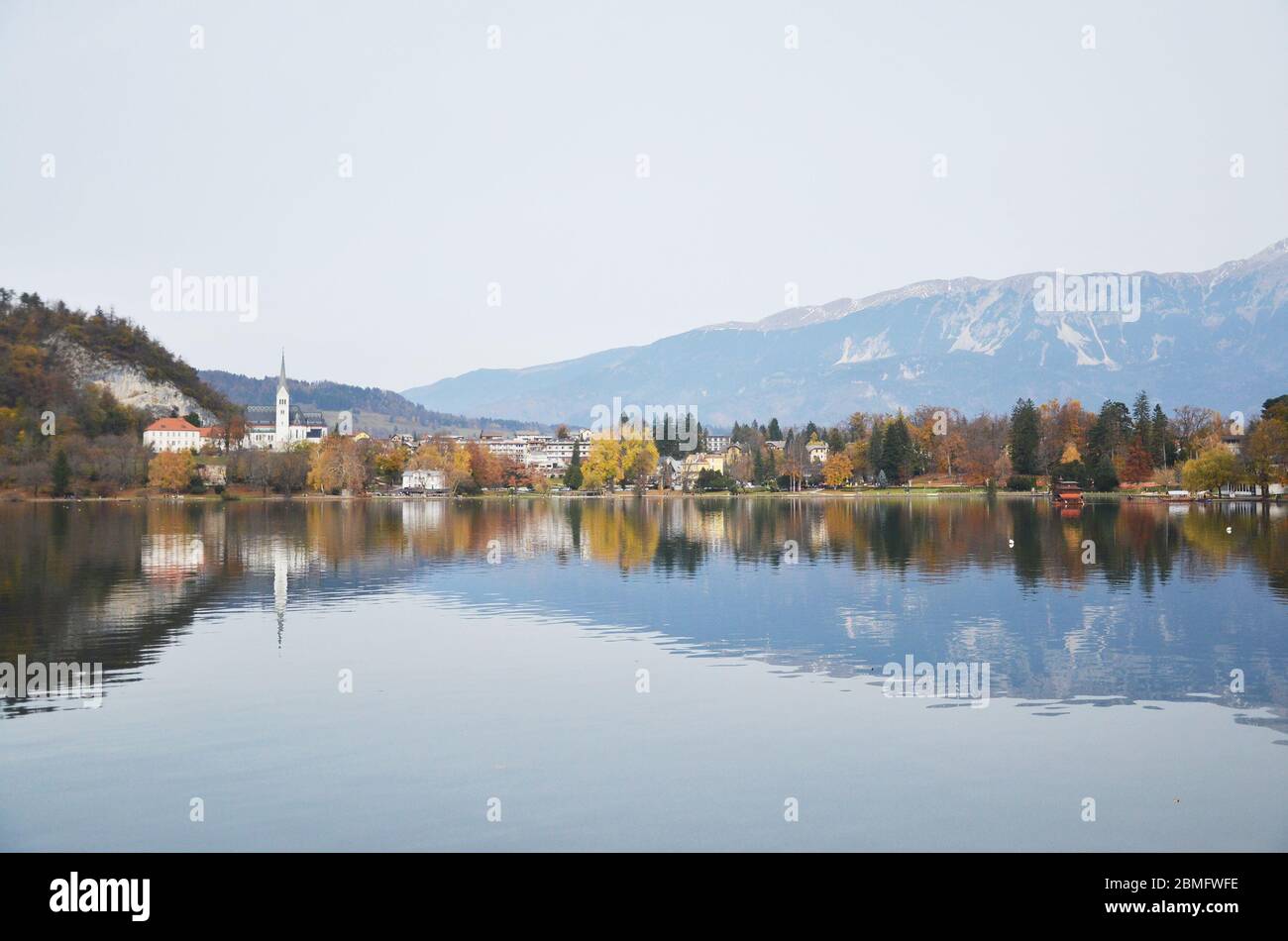 La célèbre île du lac Bled avec une église se trouve au milieu du lac. Un château médiéval perche sur une falaise au-dessus du lac Bled. Banque D'Images