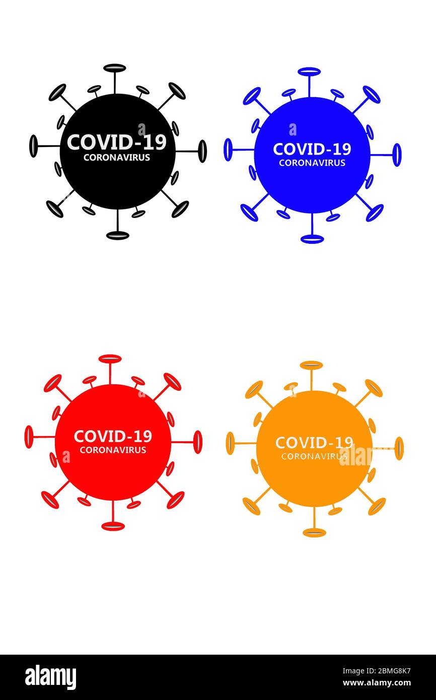 Coronavirus Covid-19, illustration isolée du virus, 4 couleurs sur fond blanc Banque D'Images